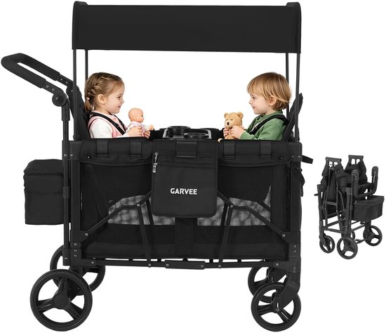 Opvouwbare Bolderkar voor 4 Kinderen met Veiligheidsgordels en Afneembaar Dak - Wandelwagen - Tot 150 kg Draaggewicht - Donkergrijs/Zwart van Merkloos