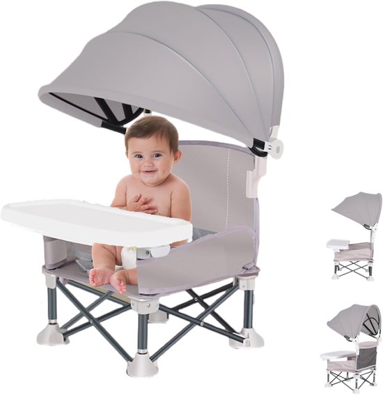 Opvouwbare Kinder Verhogingsstoel - Draagbare Booster Chair met Afneembare Tray en Zonnescherm - Geschikt voor Binnen en Buiten - Eetstoel voor Peuters, Reizen, Camping en Dagelijks Gebruik