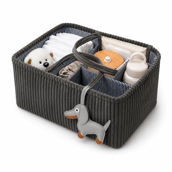 Opvouwbare Luiertas Organizer Bruin - Corduroy Luiermand met Vakken en Verdelers - Baby Opbergmand voor Luiers, Doekjes en Accessoires - Draagbare Nursery Caddy - Grijs van Merkloos