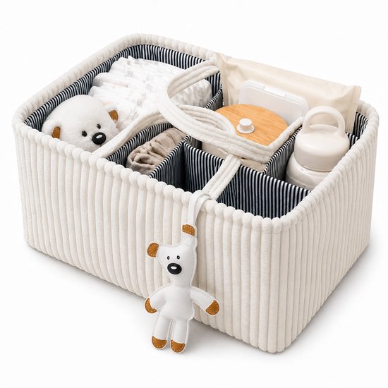 Opvouwbare Luiertas Organizer Bruin - Corduroy Luiermand met Vakken en Verdelers - Baby Opbergmand voor Luiers, Doekjes en Accessoires - Draagbare Nursery Caddy - Wit van Merkloos