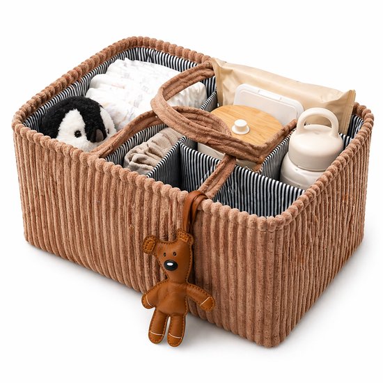 Opvouwbare Luiertas Organizer Bruin - Corduroy Luiermand met Vakken en Verdelers - Baby Opbergmand voor Luiers, Doekjes en Accessoires - Draagbare Nursery Caddy van Merkloos