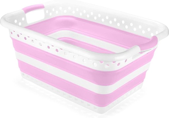 Opvouwbare rechthoekige wasmand inklapbaar - 45 liter - wit en roze van Excellent Houseware