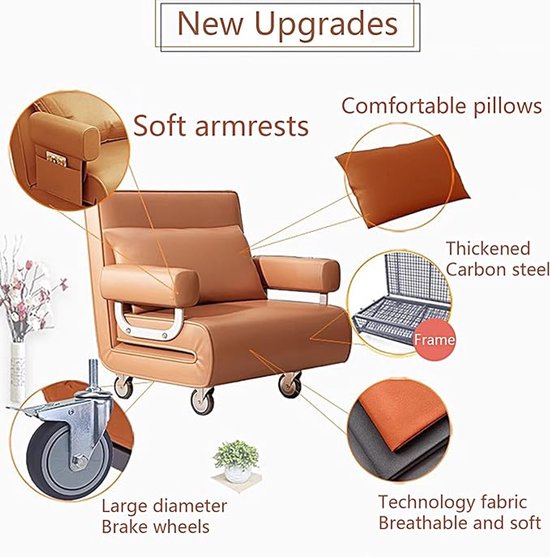 Opvouwbare Slaapbank 186x87x26 cm – Convertible 1-Persoons Fauteuil Bed met 6-Standen Verstelbare Rugleuning & Wielen – Portable Sofa Bed voor Woonkamer, Slaapkamer & Kantoor – Oranje
