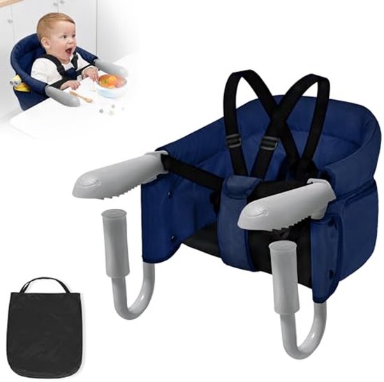 Opvouwbare Tafelstoel voor Baby, Hoge Stoel met Zitverhoging, Stabiliteit en Comfort, Inclusief Tas, Blauw van Merkloos