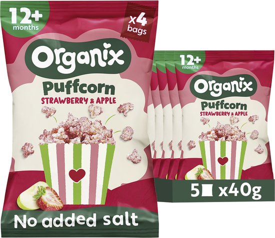 Organix Bio Puffcorn Strawberry & Apple 12+ Maanden - Babymaaltijd - Babyvoeding - Tussendoortjes - 5 x 40g