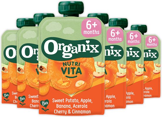 Organix Knijpfruit Nutra Vita Zoete Aardappel Kers Kaneel 6+m 100 gr - 6x 100 gr - Voordeelverpakking van Organix