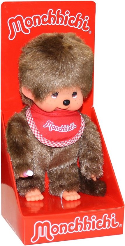 Originele Monchhichi jongen - Bruin pluche met rood slabbetje, 20 cm van Monchhichi