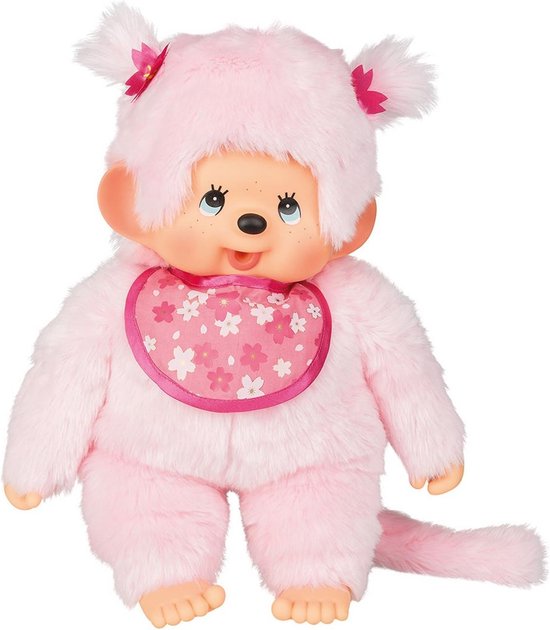 Originele Monchhichi kersenbloesem voor meisjes, pluche dier met slabbetjes en vlechten met bloemen, ca. 45 cm groot knuffeldier van roze pluche
