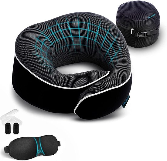 Orthopedisch Reis Nekkussen - Memory Foam - Kit met Oogmaskers - Oordopjes - Luxe Nettas - Zwart van Ortho
