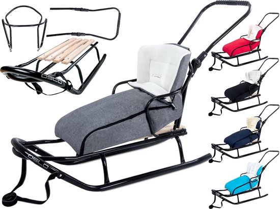 Oslo Metalen slee met rugleuning met veiligheidsgordels, duwstang en voetenzak, slee voor baby‘s, rodel, ideaal voor kinderen en volwassenen, belasting tot 120 kg