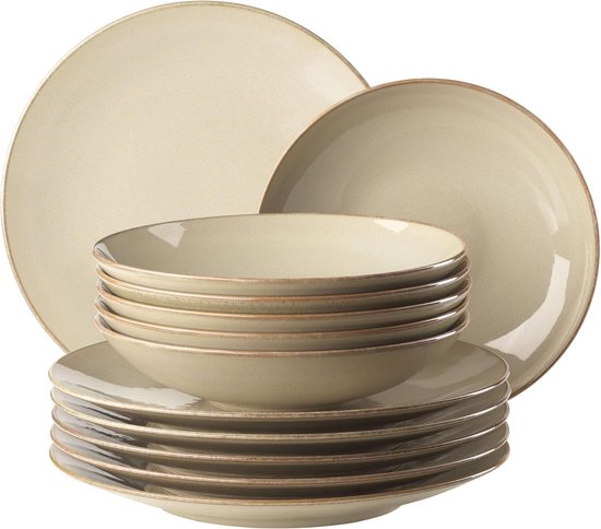 Ossia bordenset voor 6 personen in mediterrane vintage-look 12-delig - keramiek zandgrijs borden set van Ossia
