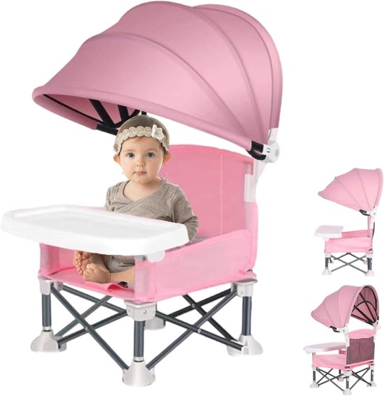 OUTARO-Opvouwbare babyverhoger met zonnescherm - Draagbaar en draagbaar - Binnen en buiten - Kinderstoel voor peuters - Voeding en camping-Roze