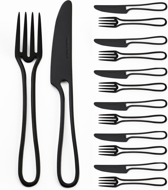 Outline Bestek 12 delige gebak set zwart, taartvorkje en mesje. van Amefa