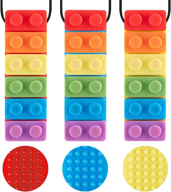 OUYLAF Bijtketting Set - bijtketting staaf - Kauwketting voor kind - Bijtketting Kauwketting - bijtketting meisjes - Kauwsieraad - bijtketting - 3PCS - Regenboog Bouwsteen Kauwketting Set van Merkloos