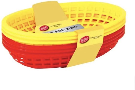 Ovale Diner Klassieke Mand Voor Burgers en/of Patat etc (6 assorti) 3 Geel / 3 Rood van Genico