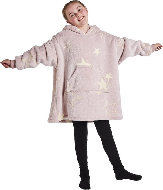 Oversized deken hoodie voor kinderen - Glow in the Dark Hoody Sherpa Fleece - Zacht en Snuggly - Blush Pink van Dreamscene
