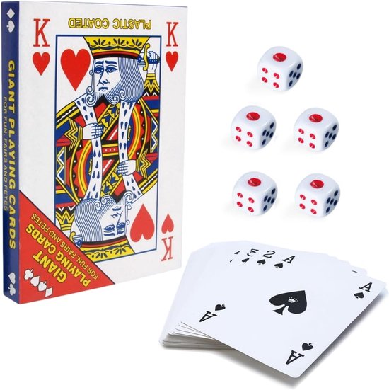 Oversized Poker Deck - Huge Poker Cards - Waterproof Plastic Playing Cards Set met 5 Dice voor Familie en Feest - Game Cards (17.5 x 12.5 cm) van Merkloos