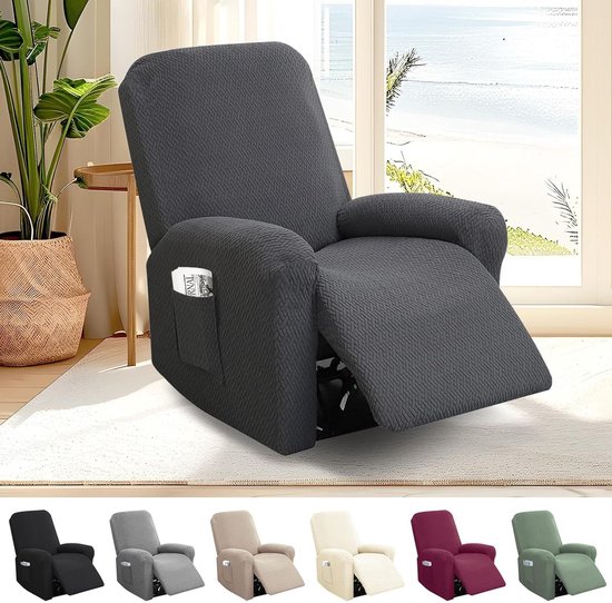 Overtrek voor relaxstoel met zakken, donkergrijs, stretch split bankovertrek, all-inclusive fauteuilbeschermer, wasbaar - TV-fauteuil, relaxstoelhoes van Merkloos