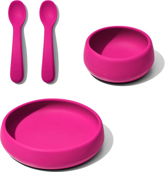 OXO Tot baby servies - silicone  met verzwaarde bodem – baby bord + kom + 2 lepels – Kinderservies -Pink van OXO
