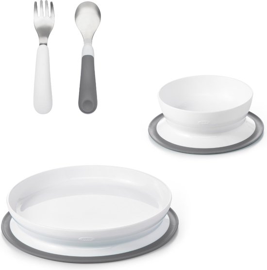 OXO Tot eetservies baby Stick & Stay - Baby bord met zuignap en antislip - baby bord+ kom+ vork en lepel - Kinderservies - Grey van OXO