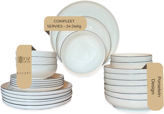 OZ Home Bavary Collection - 24-delig Porseleinen Serviesset - 6 Personen - Wit met Fijne Rand - Modern Tafelservies Set - Servies