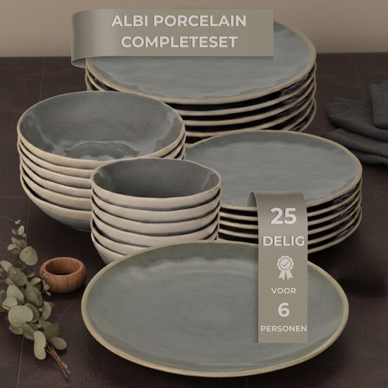 OZ Home Bricard Albi Serviesset 25-delig Porselein - 6 Personen - Groen-grijs (salie) met Beige Rand - Stapelbaar - Vaatwasser-, Magnetron- en Ovenbestendig