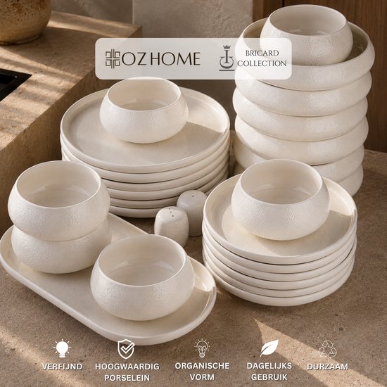 OZ Home Bricard Aragon Serviesset 27-delig Wit – Porseleinen Servies voor 6 Personen – Organische Bordenset met Reliëf, Serveerschaal en Zout- & Peperstel