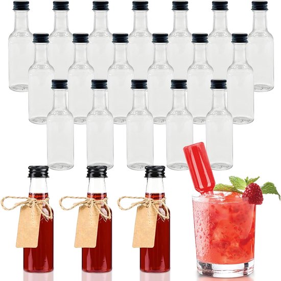 Pack of 24 Mini Liqueur Bottles - Kleine Flessen voor Vullen - 50ml Shot Flessen voor Feesten - Herbruikbare Mini Shot Flessen met 2 Trechters en 24 Hangers voor Bruiloften