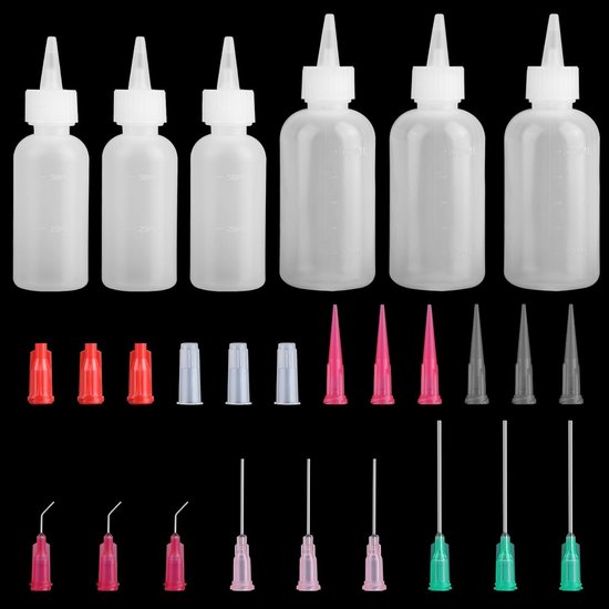 Pack of 6 Needle Bottle Applicators - 50ml/100ml Dispensing Bottle - Squeeze Bottle - Glue Bottle Empty with Fine Tips and Caps for Liquids - Craft Supplies - Art Tools
