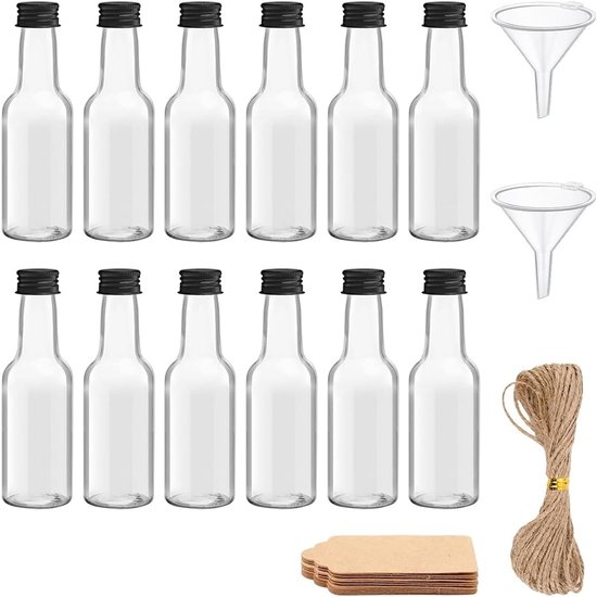 Pack van 12 kleine 50 ml flessen voor vullen - shotglazen met deksel - plastic shotflessen - kleine herbruikbare mini flessen met label - ideaal voor dranken