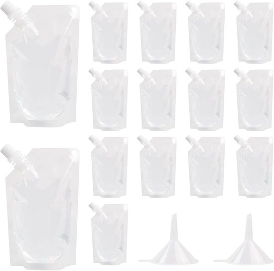 Pack van 15 Drinkzakken - Transparante Drinkzakken - Vouwbare 200 ml Herbruikbare Sapzak met 2 Trechters voor Melk - Sap - Koffie