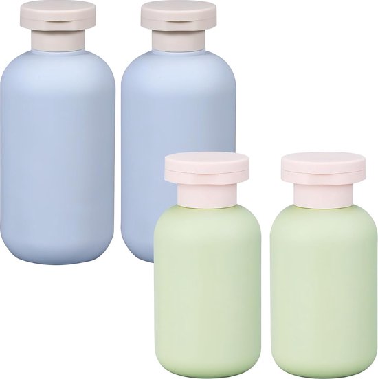 Pak van 4 knijpflessen met flip-dop, 100 ml 200 ml siliconen reisflessenset, lekvrije knijpreiscontainer, reisformaat container, draagbare navulbare toilettas, reisset van HEVIBK