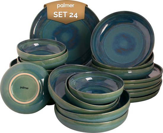 Palmer - Serviesset - Miami - 6 persoons - Groen/Turquoise - Stoneware - Bordenset - 24-delig