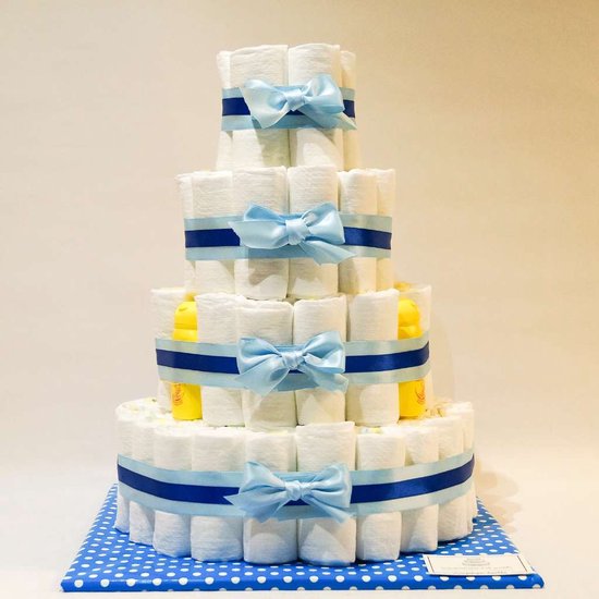 Pampertaart - luiertaart - jongen - 4 laags - blauw - mini Zwitsal 98 luiers maat 3 van Pampertaart.
