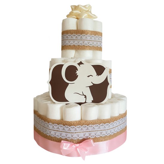 Pampertaart Olifant – Neutraal Kraamcadeau – Handgemaakte Luiertaart met Strik en Kant van Adorable Stuff.