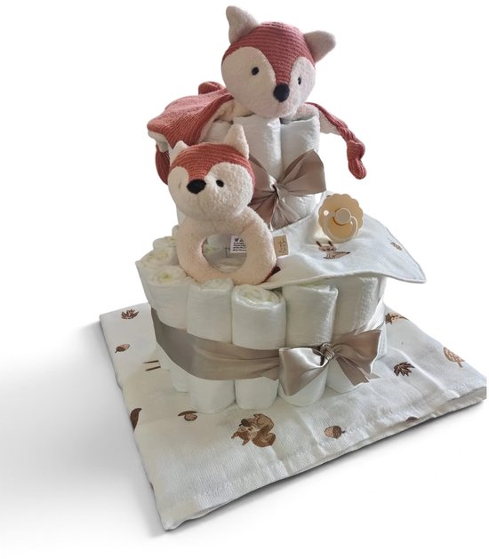 Pampertaart Vosje – Geboortecadeau Baby – 30 Pampers Maat 2 – Doudou, Rammelaar, Bandana, Fopspeen & Tetradoek