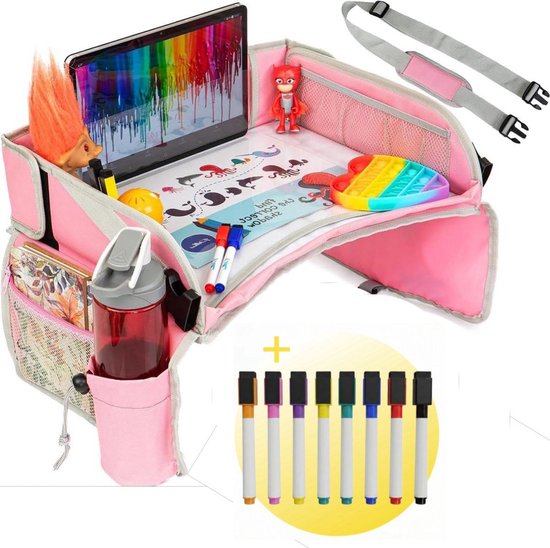 Panilli Reistafel voor Kinderen met Tekentafel & Tablethouder & 8 Stiften - Reistafel voor Kinderen – Autotafel – Speeltafel Auto – Auto Stoel organizer Kinderen - auto organizer - pink van Merkloos