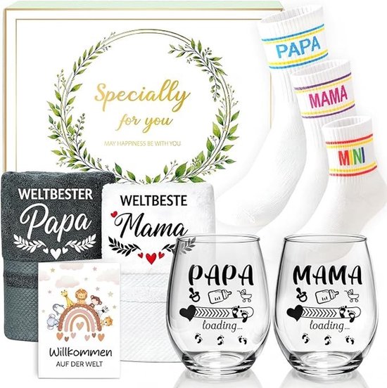 Papa en Mama Cadeauset – 8-delige Babygeschenkset met Wijnglazen, Sokken, Handdoeken en Kaart