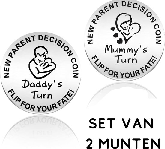Papa & Mama Wie is er aan de beurt Beslisstings Munt - Set van 2 - Daddy's Turn, Mummy's Turn - Kraamcadeau van BALTIANS