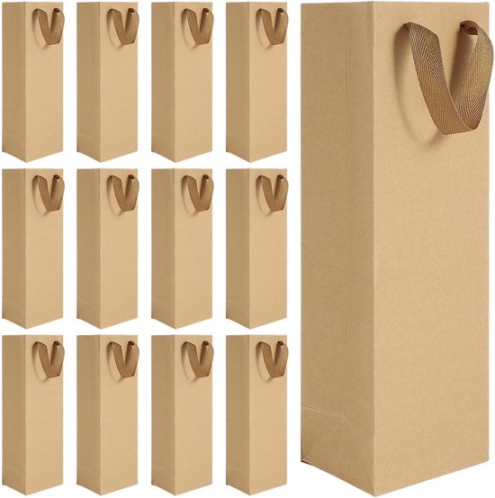Papieren Wijntas - Flessen Verpakking - Flessen Vervoeren - Stevige Handgreep - 11 x 9 x 35 cm - Bruin