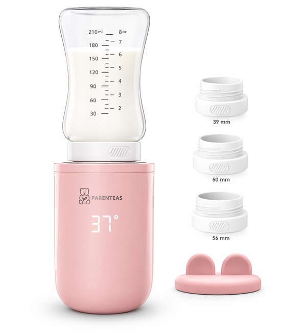 Parenteas Flessenverwarmer PRO Roze - Flessenwarmer - Onderweg - Draadloos - Draagbaar - Oplaadbare - USB - Baby Flessen - 4 Temperatuurniveaus – USB-C – Inclusief Adapters – Nachtgebruik – Roze Verwarmer - van Merkloos