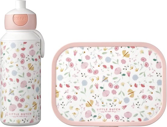 pauzeset – Flowers & butterflies – drinkfles en broodtrommel met bento-inzet – ideaal voor school en vrije tijd – vaatwasmachinebestendig, ABS van Mepal