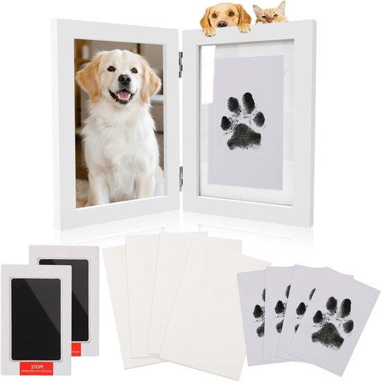 Paw Print Set - Dog Cat Footprint Baby Set - Wooden Photo Frame - Baby Print Set 0-6 Months - 2 Inkless Stamp Pads - 4 Cards - Gift for Dog Gifts - Baby Shower Family - White van Merkloos