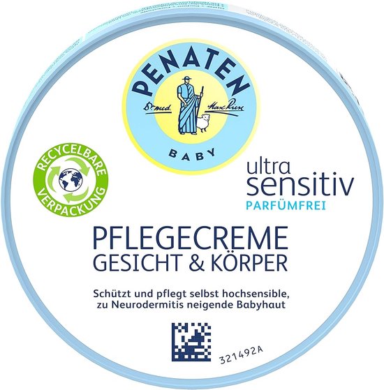 PENATEN Baby Ultra Sensitiv verzorgingscrème, gezicht en lichaam, parfumvrij, babyverzorgingscrème voor pasgeborenen zonder kleurstoffen van Penaten