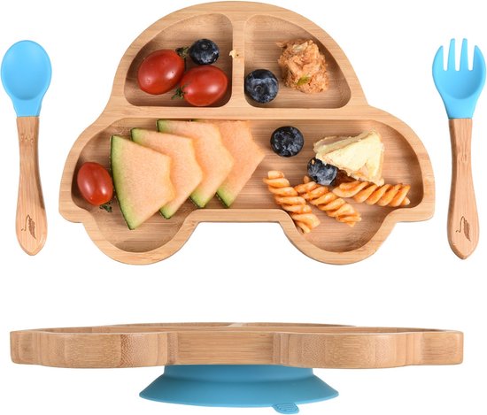 Pencilluxe® Bamboe Baby Bord (Auto) - Baby Cadeau - Kinderservies set - Zuignap - Kinderbord - Baby servies - Baby bestek - Melamine & BPA-vrij - Vakjesbord - Kraammand - Kraamcadeau - Babyshower cadeau - Baby - Geboorte Cadeau - Kraamvisite van Pencilluxe®