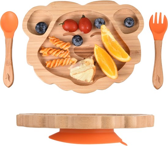 Pencilluxe® Bamboe Baby Bord (Leeuw) - Baby Cadeau - Kinderservies set - Zuignap - Kinderbord - Baby servies - Baby bestek - Melamine & BPA-vrij - Vakjesbord - Kraammand - Kraamcadeau - Babyshower cadeau - Baby - Geboorte Cadeau - Kraamvisite van Pencilluxe®
