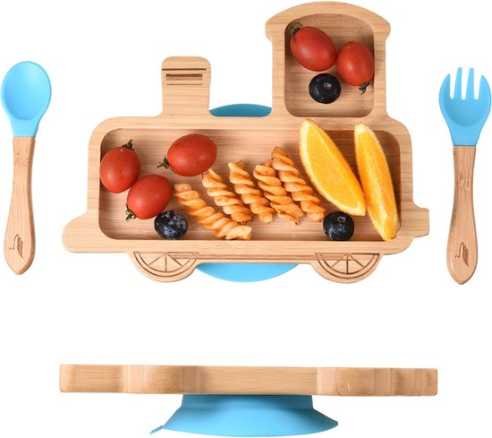 Pencilluxe® Bamboe Baby Bord (Trein) - Baby Cadeau - Kinderservies set - Zuignap - Kinderbord - Baby servies - Baby bestek - Melamine & BPA-vrij - Vakjesbord - Kraammand - Kraamcadeau - Babyshower cadeau - Baby - Geboorte Cadeau - Kraamvisite van Pencilluxe®