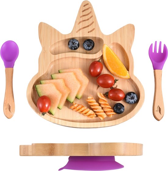 Pencilluxe® Bamboe Baby Bord (Unicorn) - Baby Cadeau - Kinderservies set - Zuignap - Kinderbord - Baby servies - Baby bestek - Melamine & BPA-vrij - Vakjesbord - Kraammand - Kraamcadeau - Babyshower cadeau - Baby - Geboorte Cadeau - Kraamvisite van Pencilluxe®