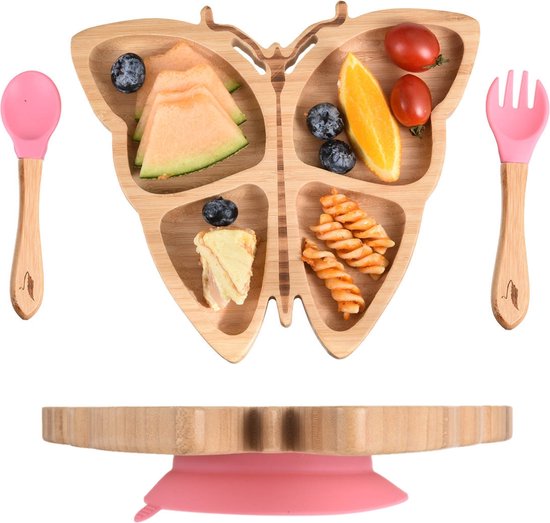 Pencilluxe® Bamboe Baby Bord (Vlinder) - Baby Cadeau - Kinderservies set - Zuignap - Kinderbord - Baby servies - Baby bestek - Melamine & BPA-vrij - Vakjesbord - Kraammand - Kraamcadeau - Babyshower cadeau - Baby - Geboorte Cadeau - Kraamvisite van Pencilluxe®