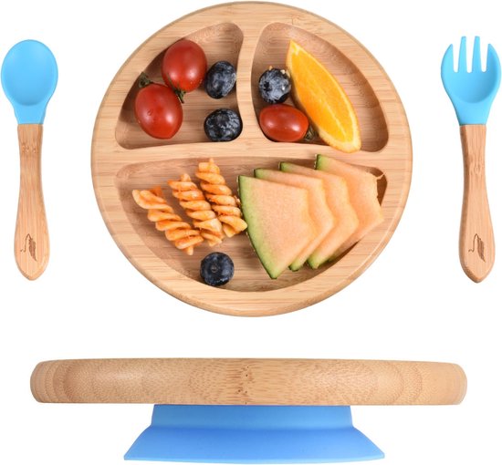Pencilluxe® Rond Bamboe Baby Bord (Blauw) - Baby Cadeau - Kinderservies set - Zuignap - Kinderbord - Baby servies - Baby bestek - Melamine & BPA-vrij - Vakjesbord - Kraammand - Kraamcadeau - Babyshower cadeau - Baby - Geboorte Cadeau - Kraamvisite van Pencilluxe®